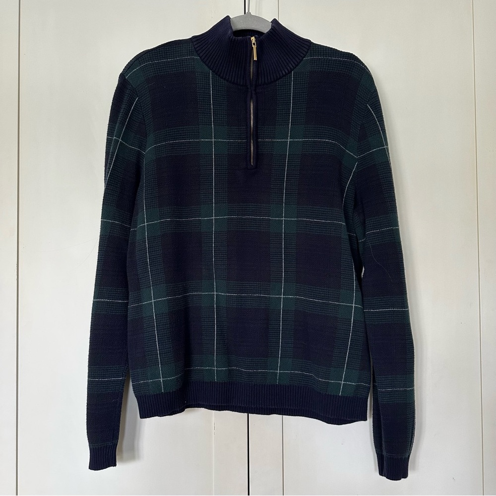 Men’s Chaps Plaid 1/4 Zip Sweater Size XL Blue Green Old Money